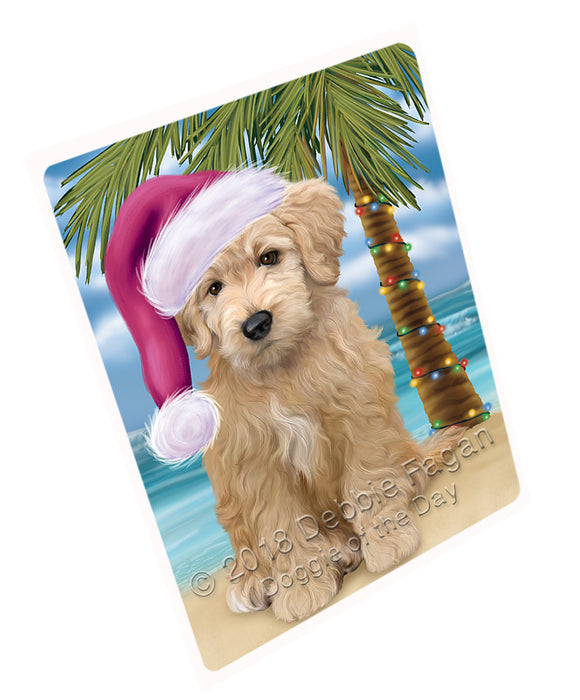 Summertime Happy Holidays Christmas Goldendoodle Dog on Tropical Island Beach Blanket BLNKT108354