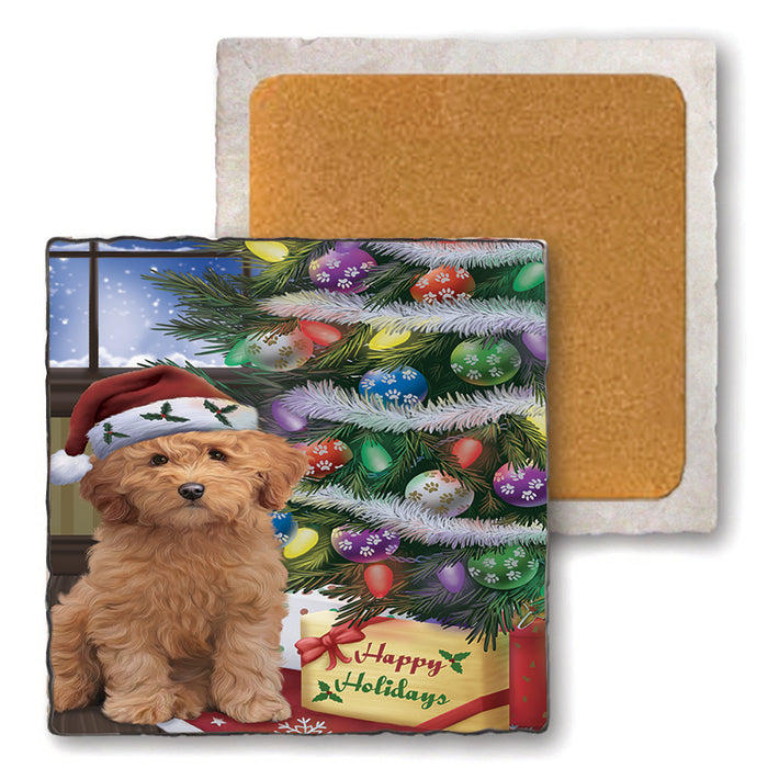 Christmas Happy Holidays Goldendoodle Dog with Tree and Presents Set of 4 Natural Stone Marble Tile Coasters MCST48457