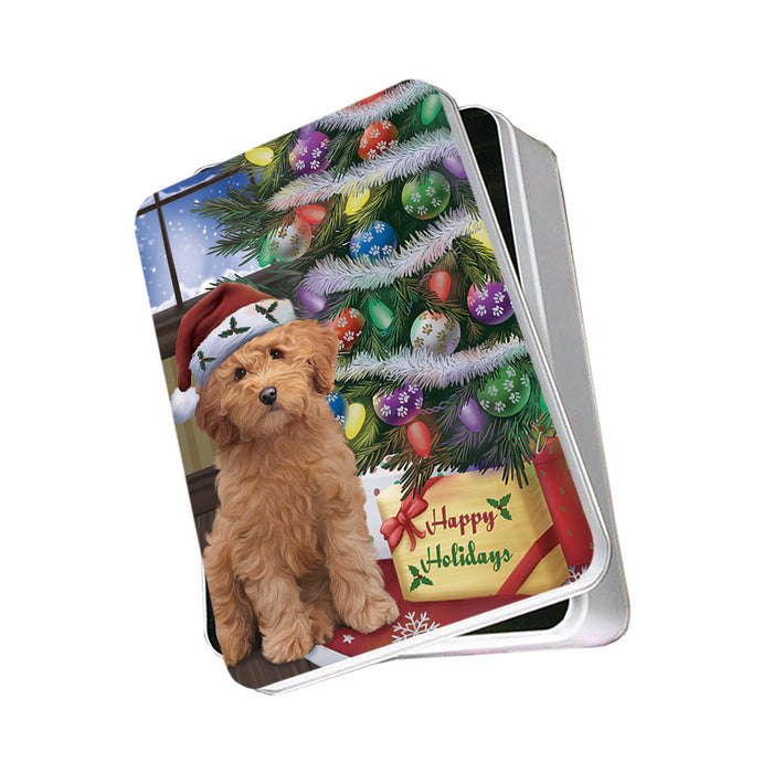 Christmas Happy Holidays Goldendoodle Dog with Tree and Presents Photo Storage Tin PITN53457