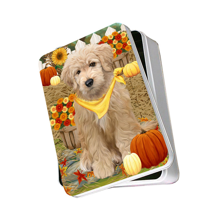 Fall Autumn Greeting Goldendoodle Dog with Pumpkins Photo Storage Tin PITN52327