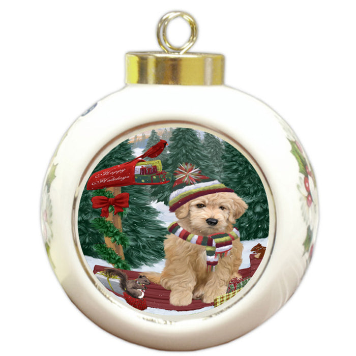 Merry Christmas Woodland Sled Goldendoodle Dog Round Ball Christmas Ornament RBPOR55292