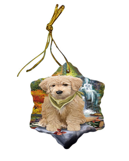 Scenic Waterfall Goldendoodle Dog Star Porcelain Ornament SPOR51883