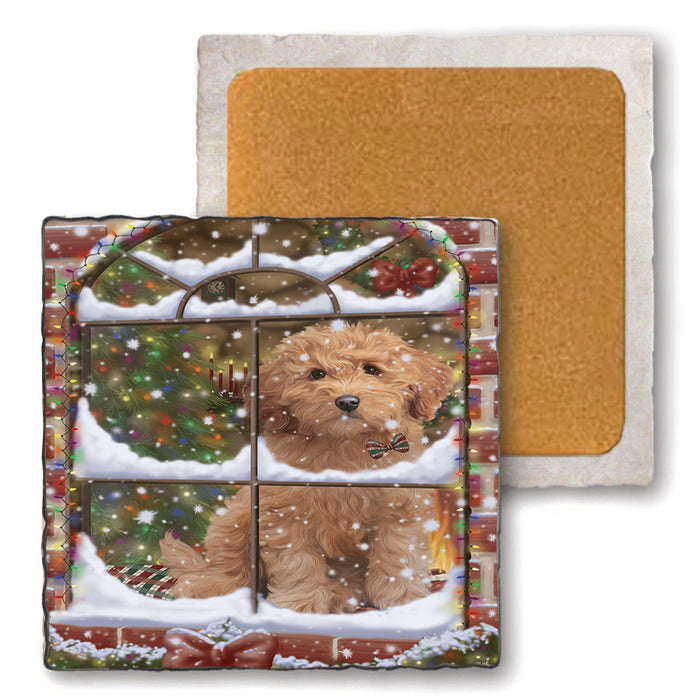 Please Come Home For Christmas Goldendoodle Dog Sitting In Window Set of 4 Natural Stone Marble Tile Coasters MCST48632