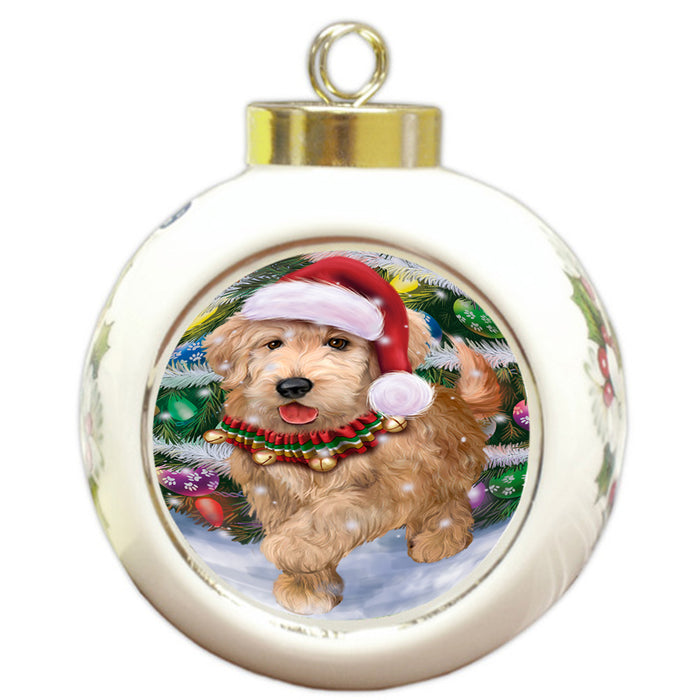 Trotting in the Snow Goldendoodle Dog Round Ball Christmas Ornament RBPOR54711
