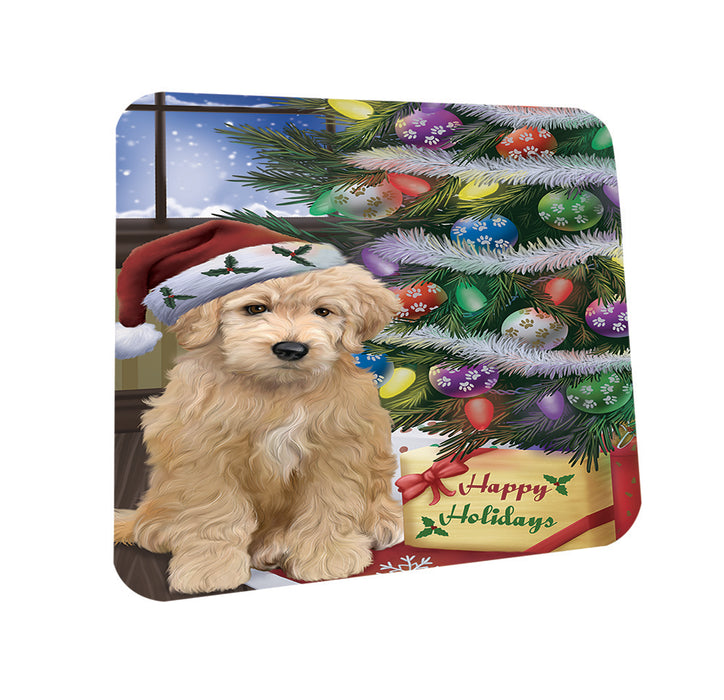 Christmas Happy Holidays Goldendoodle Dog with Tree and Presents Coasters Set of 4 CST53416