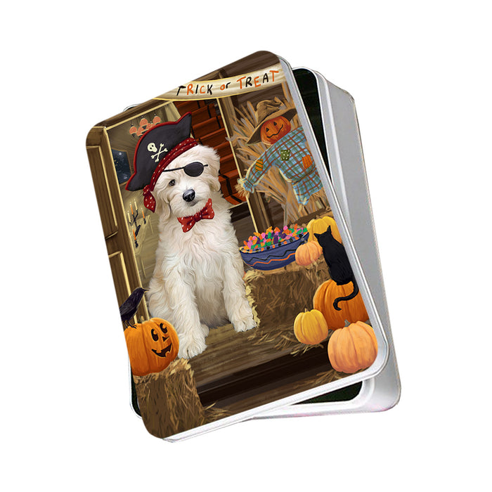 Enter at Own Risk Trick or Treat Halloween Goldendoodle Dog Photo Storage Tin PITN53136