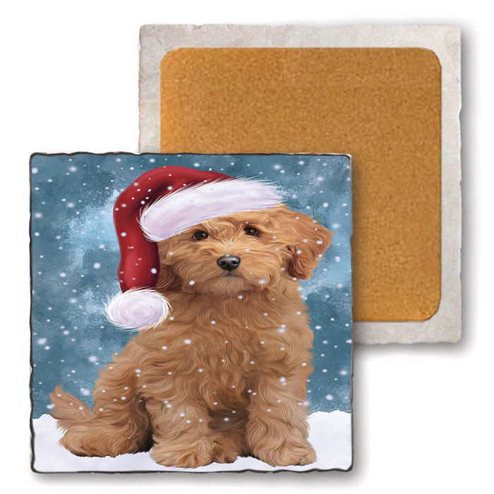 Let it Snow Christmas Holiday Goldendoodle Dog Wearing Santa Hat Set of 4 Natural Stone Marble Tile Coasters MCST49296