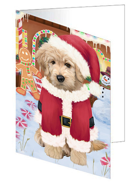 Christmas Gingerbread House Candyfest Goldendoodle Dog Handmade Artwork Assorted Pets Greeting Cards and Note Cards with Envelopes for All Occasions and Holiday Seasons GCD73547
