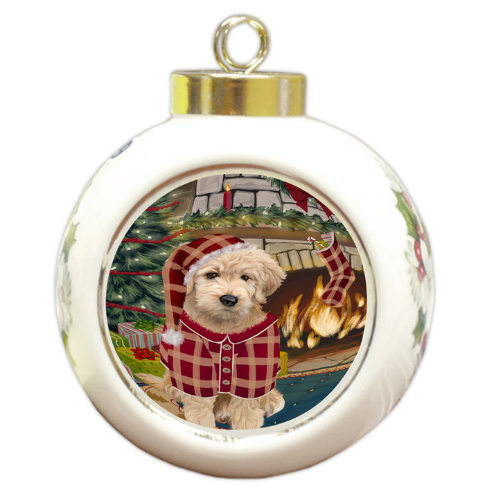 The Stocking was Hung Goldendoodle Dog Round Ball Christmas Ornament RBPOR55674