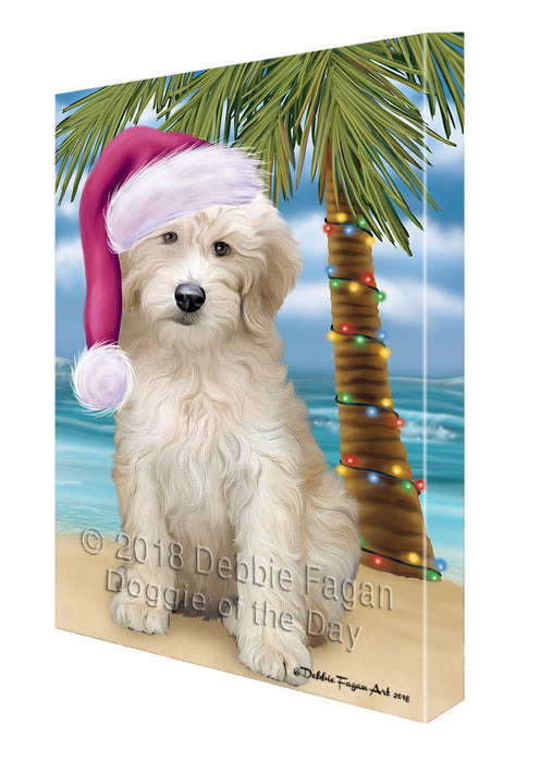 Summertime Happy Holidays Christmas Goldendoodle Dog on Tropical Island Beach Canvas Print Wall Art Décor CVS108872