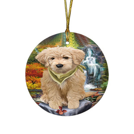 Scenic Waterfall Goldendoodle Dog Round Flat Christmas Ornament RFPOR51883