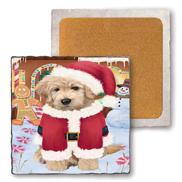 Christmas Gingerbread House Candyfest Goldendoodle Dog Set of 4 Natural Stone Marble Tile Coasters MCST51344