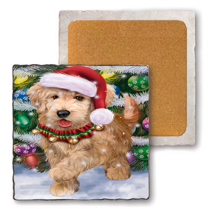 Trotting in the Snow Goldendoodle Dog Set of 4 Natural Stone Marble Tile Coasters MCST49583