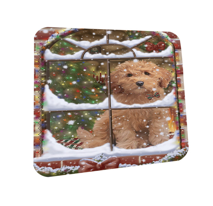 Please Come Home For Christmas Goldendoodle Dog Sitting In Window Coasters Set of 4 CST53590