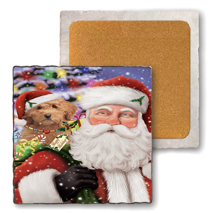 Santa Carrying Goldendoodle Dog and Christmas Presents Set of 4 Natural Stone Marble Tile Coasters MCST48688