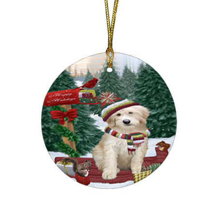 Merry Christmas Woodland Sled Goldendoodle Dog Round Flat Christmas Ornament RFPOR55293