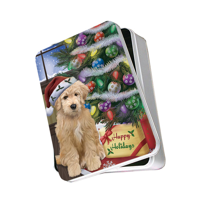 Christmas Happy Holidays Goldendoodle Dog with Tree and Presents Photo Storage Tin PITN53458