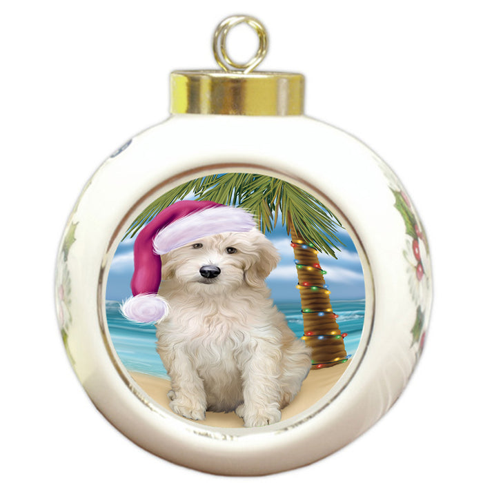 Summertime Happy Holidays Christmas Goldendoodle Dog on Tropical Island Beach Round Ball Christmas Ornament RBPOR54558