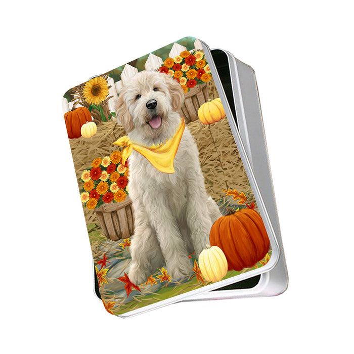 Fall Autumn Greeting Goldendoodle Dog with Pumpkins Photo Storage Tin PITN52328