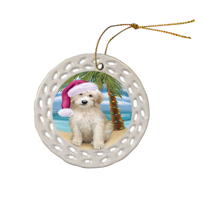Summertime Happy Holidays Christmas Goldendoodle Dog on Tropical Island Beach Ceramic Doily Ornament DPOR54558