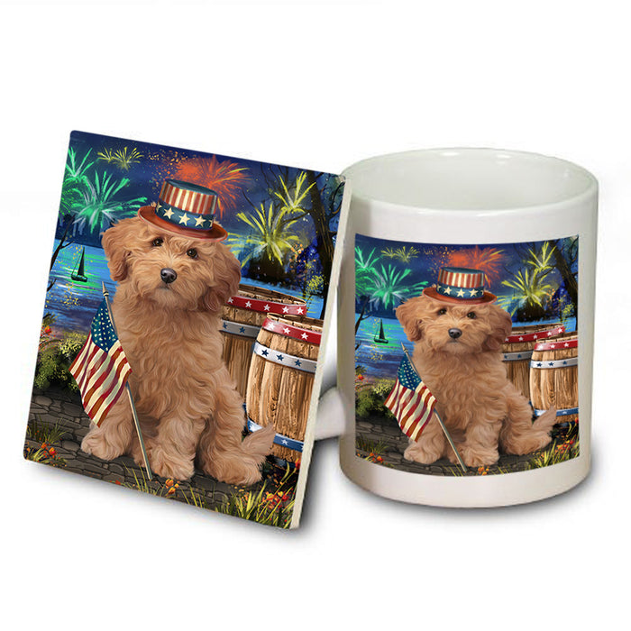 4th of July Independence Day Firework Goldendoodle Dog Mug and Coaster Set MUC54041