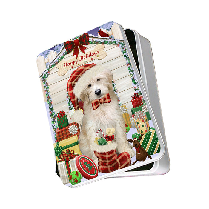 Happy Holidays Christmas Goldendoodle Dog With Presents Photo Storage Tin PITN52656