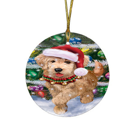 Trotting in the Snow Goldendoodle Dog Round Flat Christmas Ornament RFPOR54702