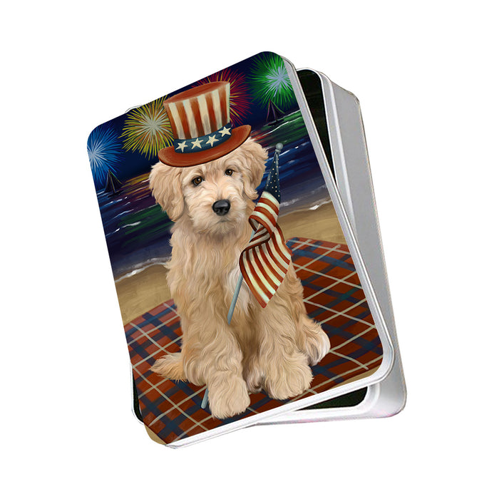 4th of July Independence Day Firework Goldendoodle Dog Photo Storage Tin PITN52431