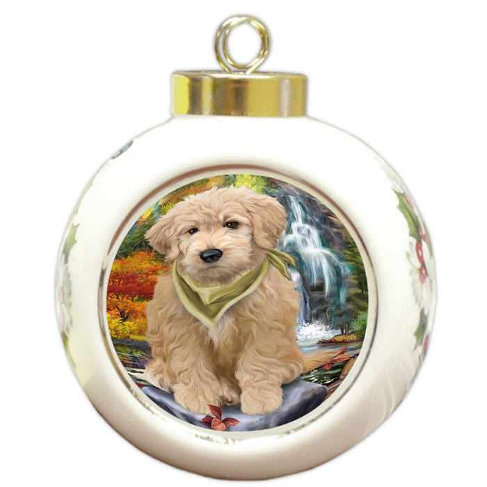 Scenic Waterfall Goldendoodle Dog Round Ball Christmas Ornament RBPOR51892