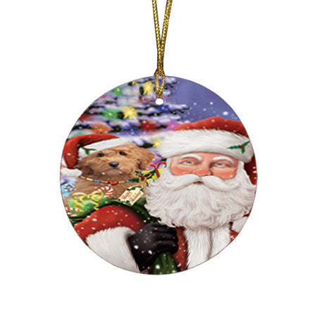 Santa Carrying Goldendoodle Dog and Christmas Presents Round Flat Christmas Ornament RFPOR53679