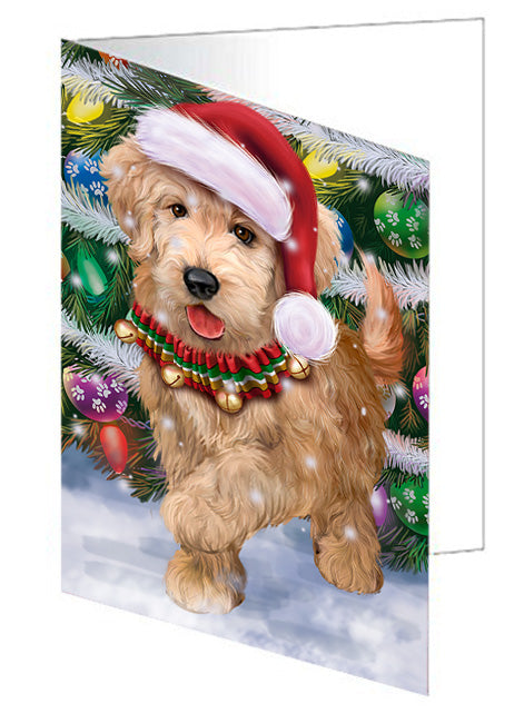 Trotting in the Snow Goldendoodle Dog Handmade Artwork Assorted Pets Greeting Cards and Note Cards with Envelopes for All Occasions and Holiday Seasons GCD68162