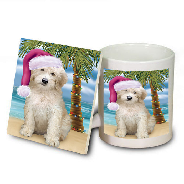 Summertime Happy Holidays Christmas Goldendoodle Dog on Tropical Island Beach Mug and Coaster Set MUC54422