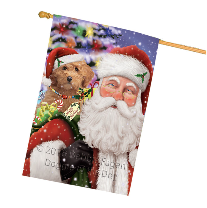 Santa Carrying Goldendoodle Dog and Christmas Presents House Flag FLG53886