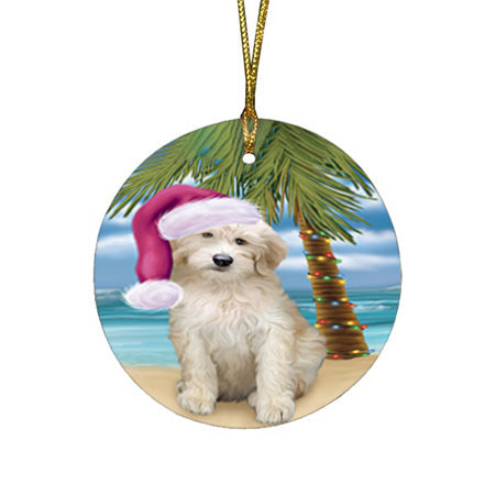 Summertime Happy Holidays Christmas Goldendoodle Dog on Tropical Island Beach Round Flat Christmas Ornament RFPOR54549