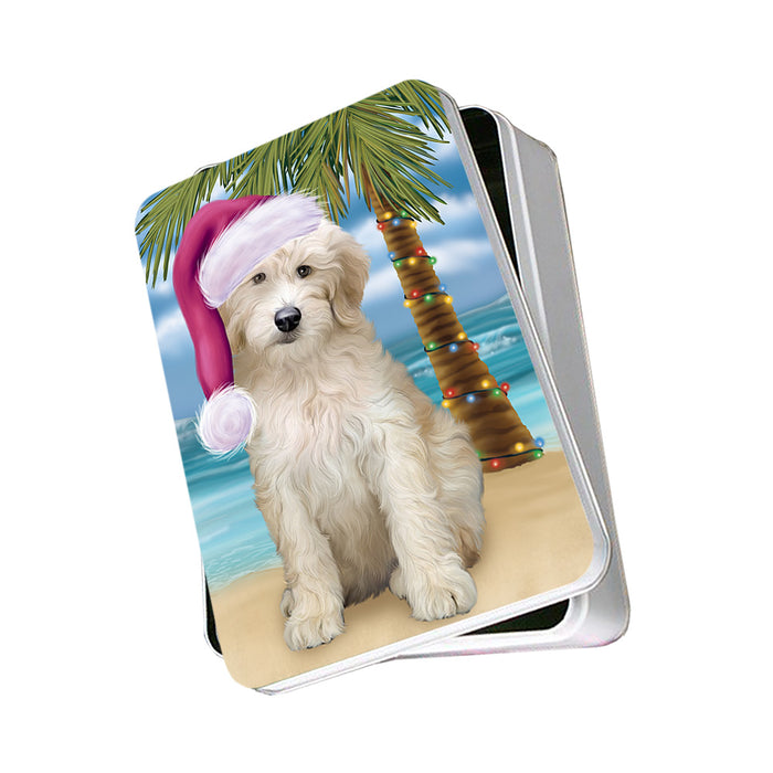 Summertime Happy Holidays Christmas Goldendoodle Dog on Tropical Island Beach Photo Storage Tin PITN54373