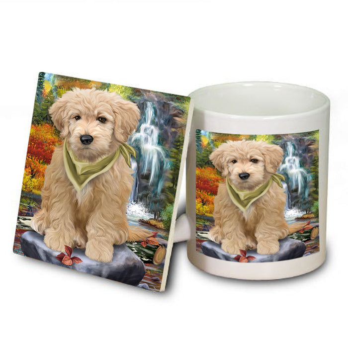 Scenic Waterfall Goldendoodle Dog Mug and Coaster Set MUC51884