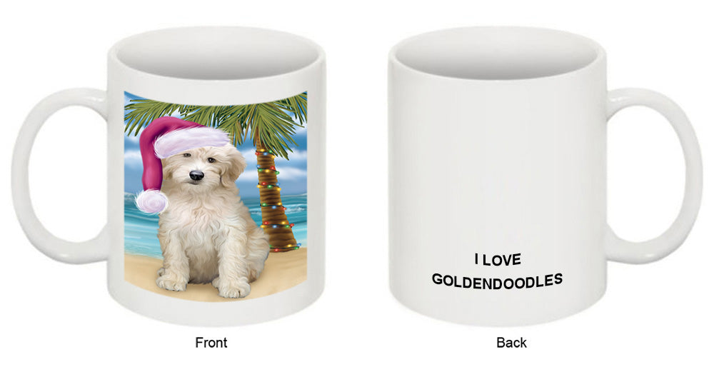 Summertime Happy Holidays Christmas Goldendoodle Dog on Tropical Island Beach Coffee Mug MUG49828