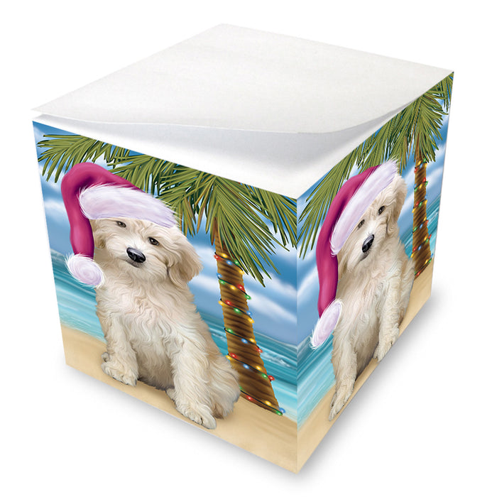 Summertime Happy Holidays Christmas Goldendoodle Dog on Tropical Island Beach Note Cube NOC56076