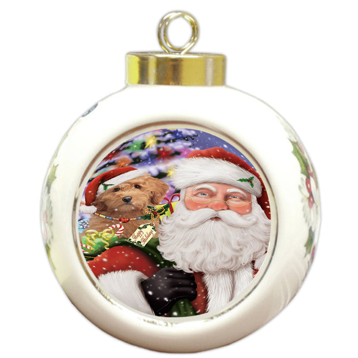 Santa Carrying Goldendoodle Dog and Christmas Presents Round Ball Christmas Ornament RBPOR53688