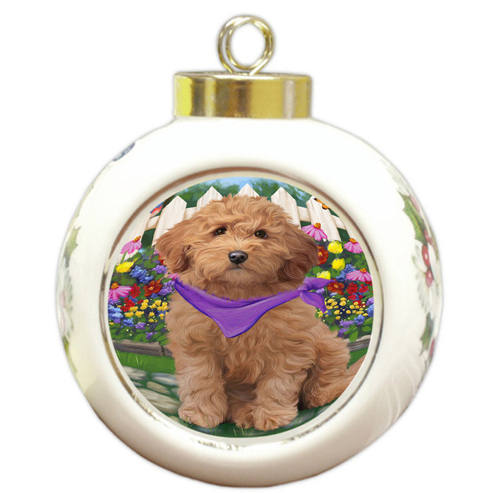 Spring Floral Goldendoodle Dog Round Ball Christmas Ornament RBPOR52257