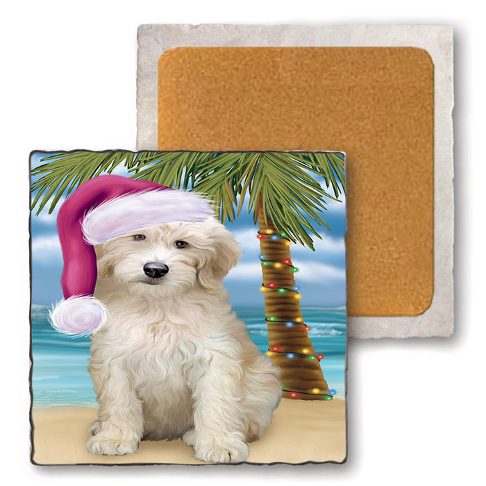 Summertime Happy Holidays Christmas Goldendoodle Dog on Tropical Island Beach Set of 4 Natural Stone Marble Tile Coasters MCST49430