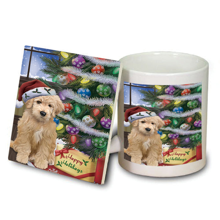 Christmas Happy Holidays Goldendoodle Dog with Tree and Presents Mug and Coaster Set MUC53450