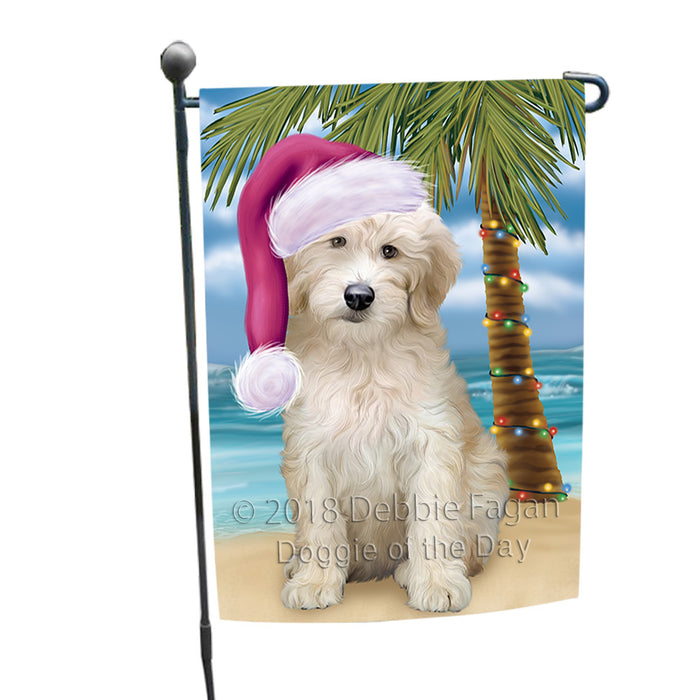 Summertime Happy Holidays Christmas Goldendoodle Dog on Tropical Island Beach Garden Flag GFLG54620