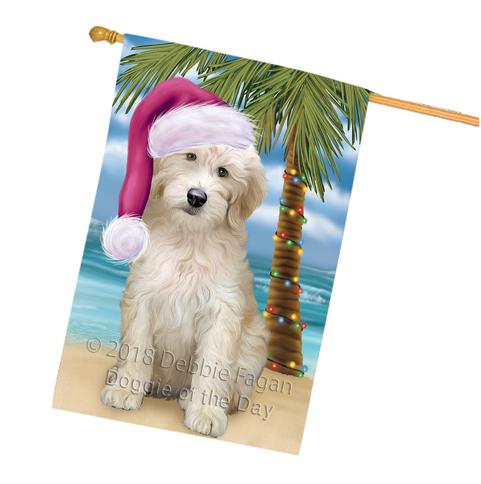Summertime Happy Holidays Christmas Goldendoodle Dog on Tropical Island Beach House Flag FLG54756