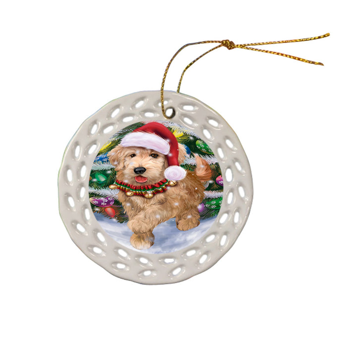 Trotting in the Snow Goldendoodle Dog Ceramic Doily Ornament DPOR54711