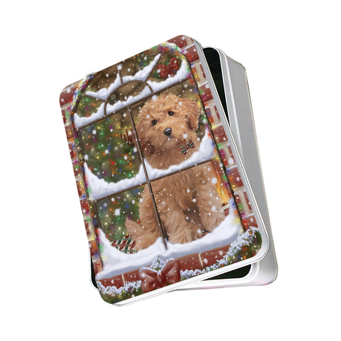 Please Come Home For Christmas Goldendoodle Dog Sitting In Window Photo Storage Tin PITN57546