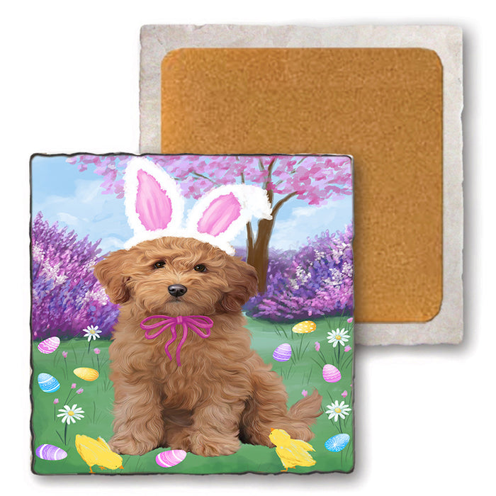 Easter Holiday Goldendoodle Dog Set of 4 Natural Stone Marble Tile Coasters MCST51901