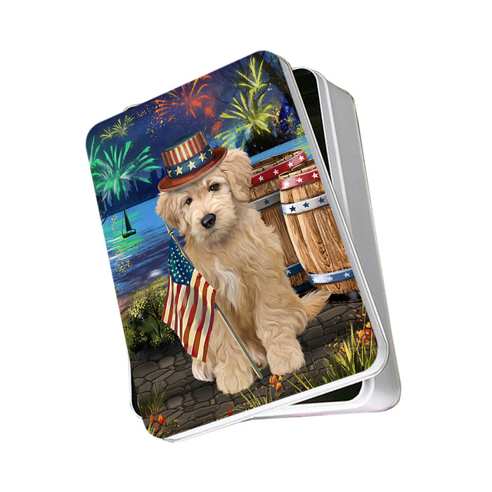 4th of July Independence Day Fireworks Goldendoodle Dog at the Lake Photo Storage Tin PITN51155