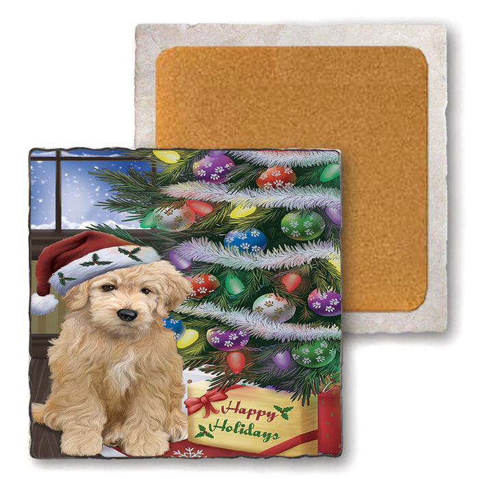 Christmas Happy Holidays Goldendoodle Dog with Tree and Presents Set of 4 Natural Stone Marble Tile Coasters MCST48458