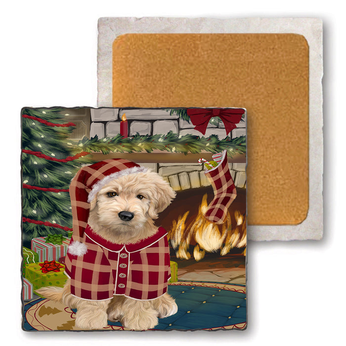 The Stocking was Hung Goldendoodle Dog Set of 4 Natural Stone Marble Tile Coasters MCST50318